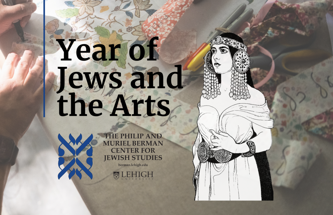 Year of Jews and the Arts text over a hand writing Hebrew on ribbon