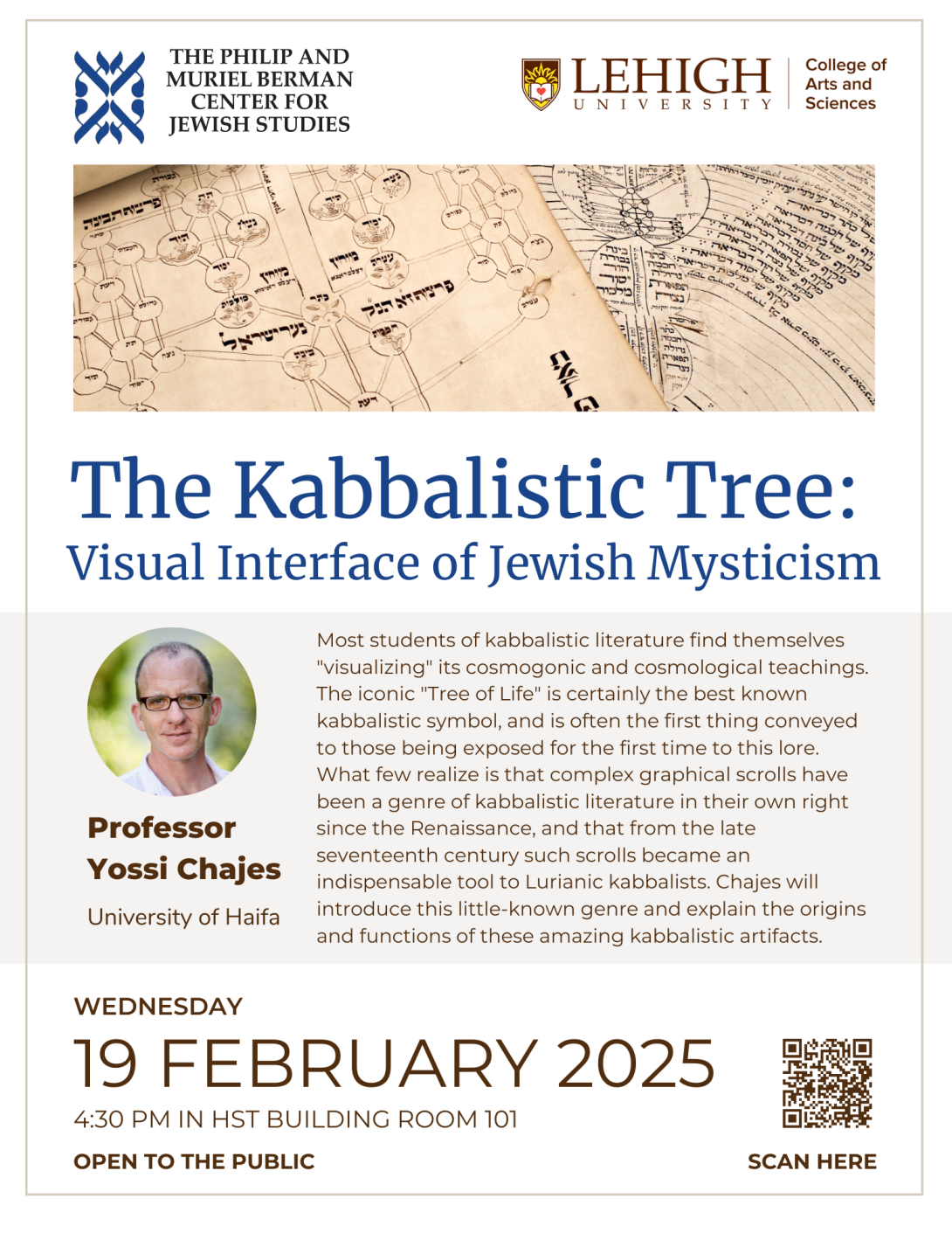 Yossi Chajes Public Talk Flyer 2025. The same text is on the webpage but also included a headshot of Chajes and an old scroll.