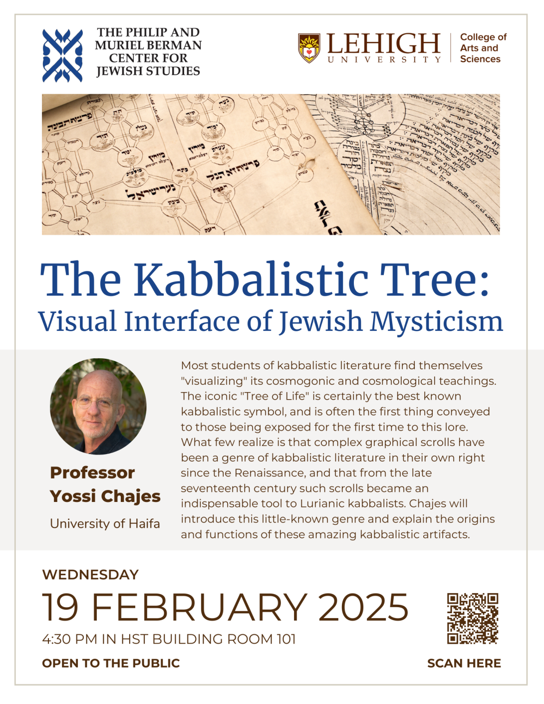 Yossi Chajes Public Talk flyer all text on webpage. Flyer also includes an image of Chajes and a Kabbalistic Tree